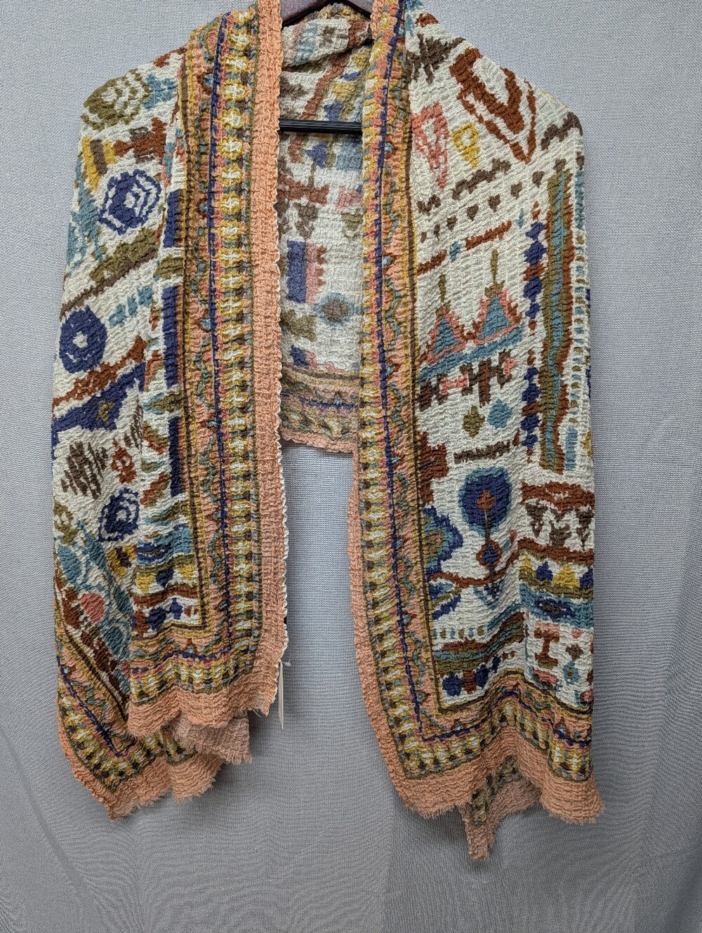 Anthropologie Wool Multicolor Open Knit Scarf, Shawl, Wrap with Peach Trim NWT